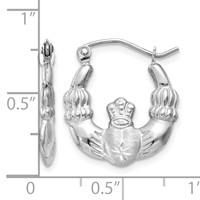 14K White Gold Satin and Diamond-cut Claddagh Hoop Earrings view 4