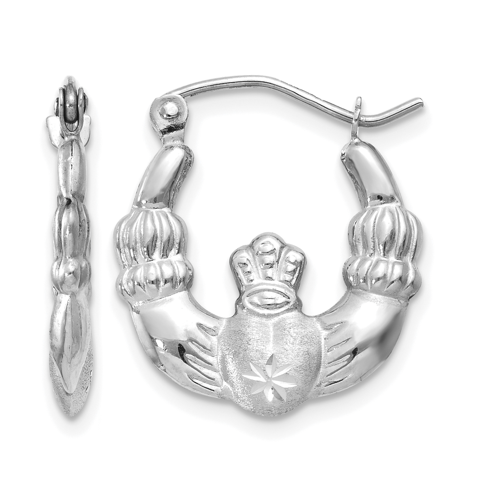 14k White Gold Satin and Diamond-cut Claddagh Hoop Earrings (TH800)