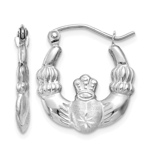 14K White Gold Satin and Diamond-cut Claddagh Hoop Earrings
