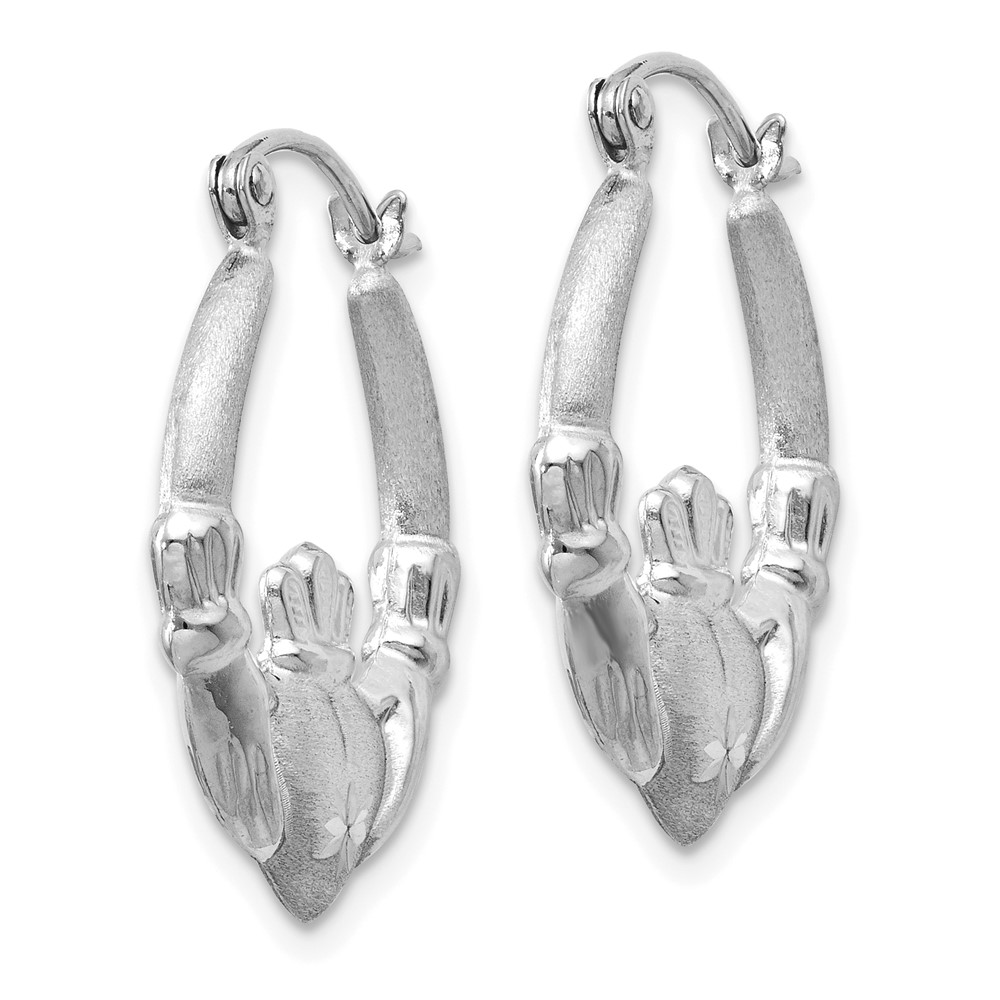 14k White Gold Satin and Diamond-cut Claddagh Hoop Earrings (TH801)
