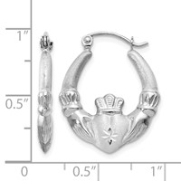 14K White Gold Satin and Diamond-cut Claddagh Hoop Earrings view 4
