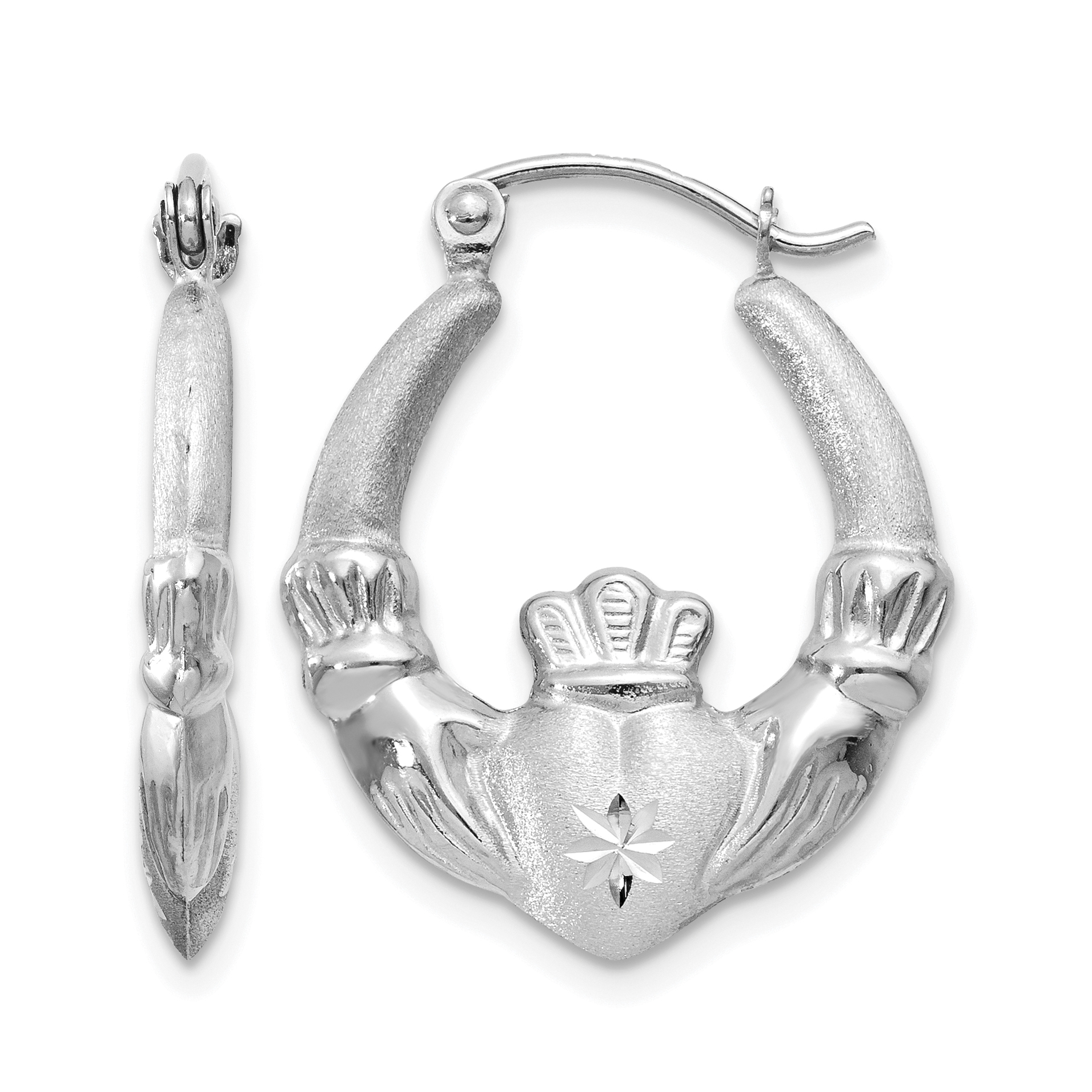 14k White Gold Satin and Diamond-cut Claddagh Hoop Earrings (TH801)