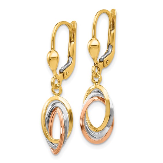 14K Tri-Color Polished Intertwined Ovals Dangle Leverback Earrings