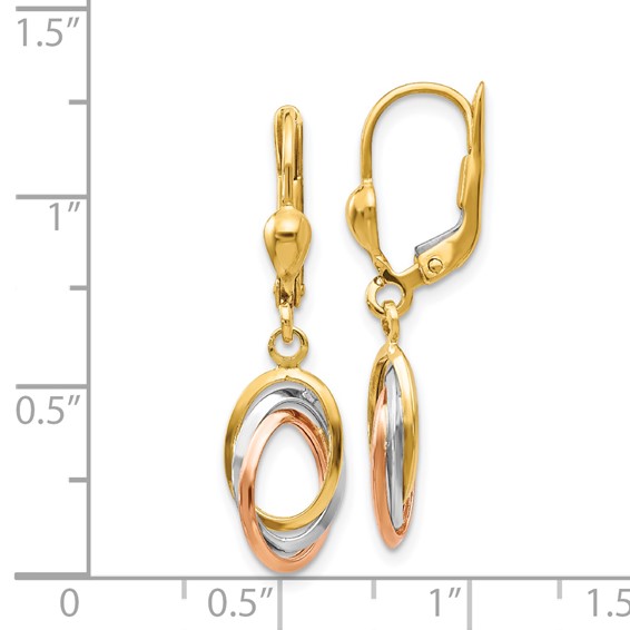 14K Tri-Color Polished Intertwined Ovals Dangle Leverback Earrings