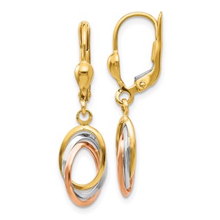 14K Tri-Color Polished Intertwined Ovals Dangle Leverback Earrings