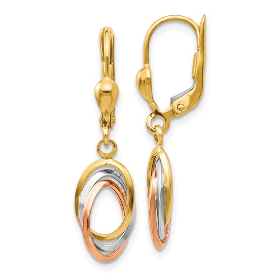 14K Tri-Color Polished Intertwined Ovals Dangle Leverback Earrings
