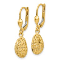14K Yellow Gold Polished Diamond-cut Satin Puffed Oval Dangle Leverback Earrings view 2