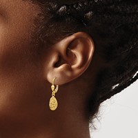 14K Yellow Gold Polished Diamond-cut Satin Puffed Oval Dangle Leverback Earrings view 3