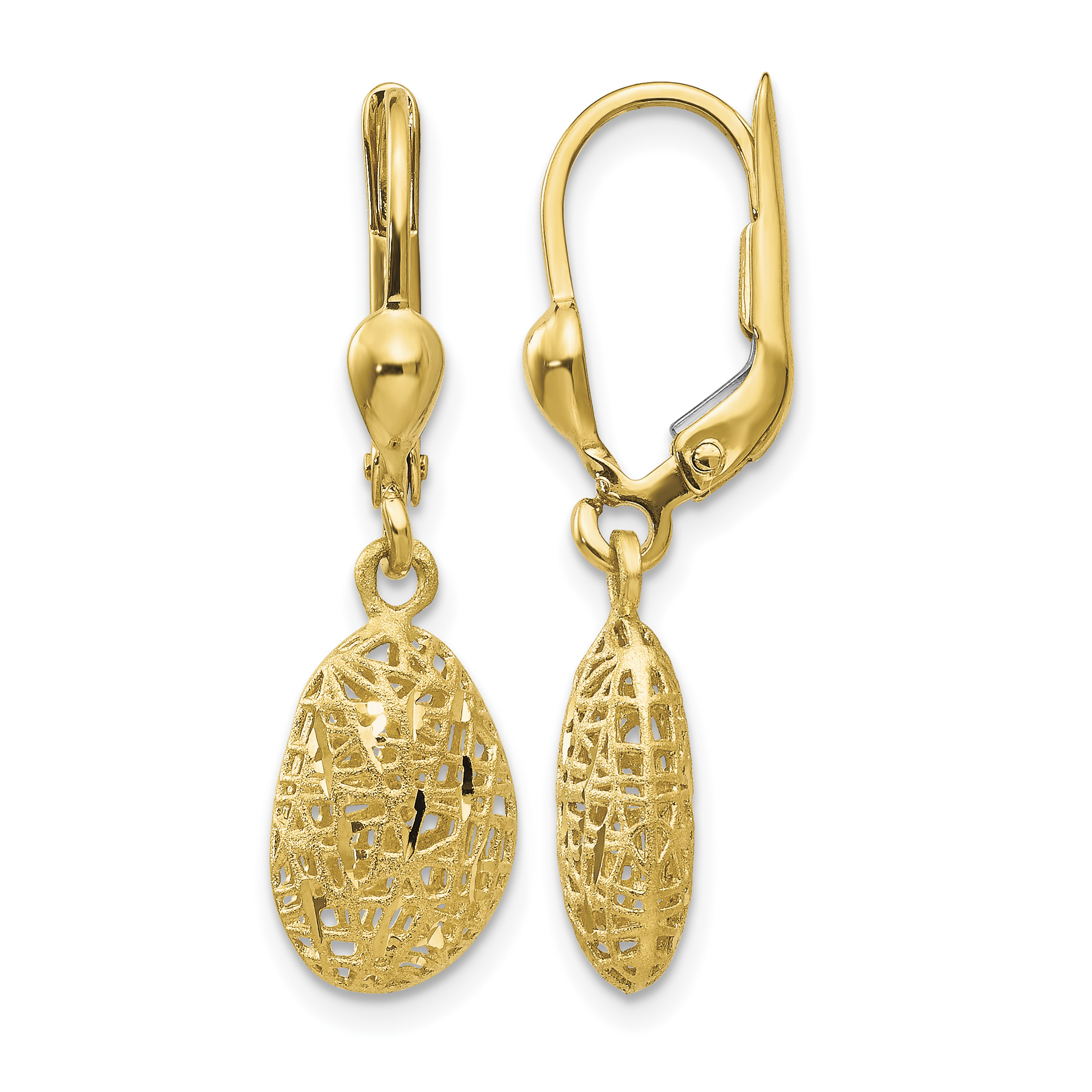 14K Gold Polished Diamond-cut Satin Puff Dangle Leverback Earrings (TH870)