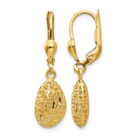 14K Yellow Gold Polished Diamond-cut Satin Puffed Oval Dangle Leverback Earrings view 1