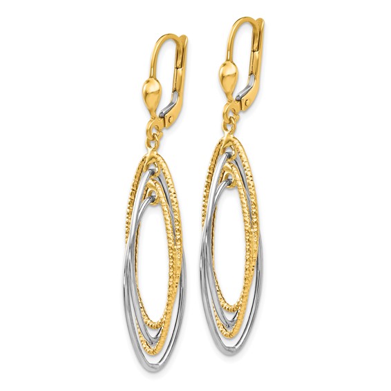 14K Two-Tone Textured and Polished Ovals Dangle Leverback Earrings
