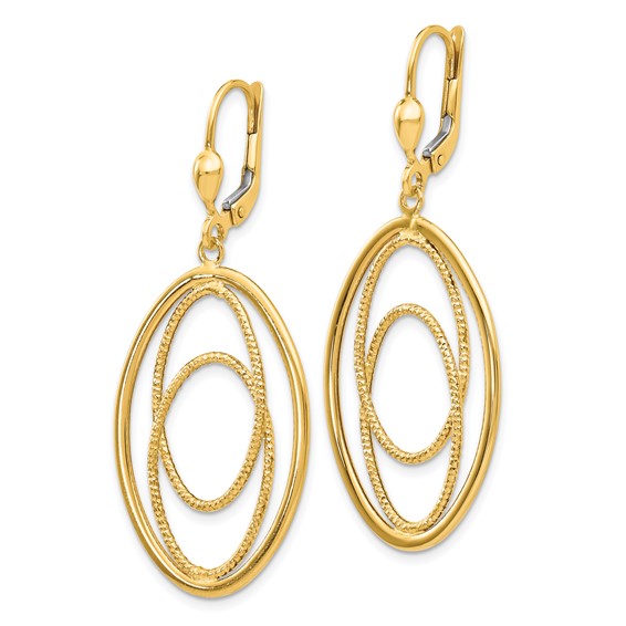14K Textured and Polished Oval Design Dangle Leverback Earrings