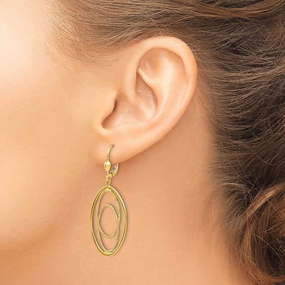 14K Textured and Polished Oval Design Dangle Leverback Earrings