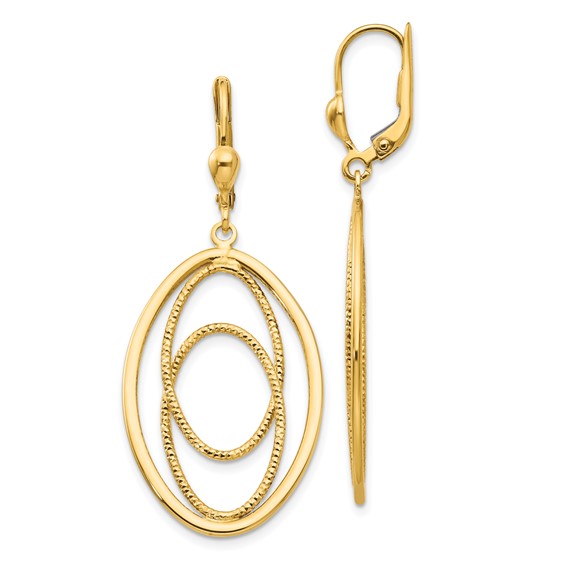 14K Textured and Polished Oval Design Dangle Leverback Earrings