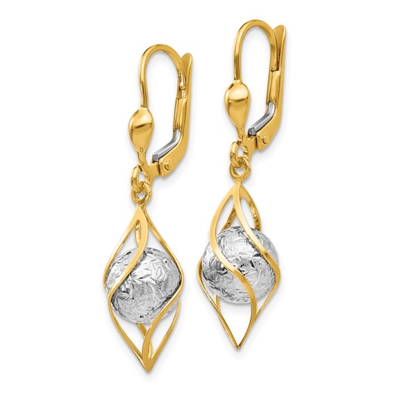 14K Two-tone Polished Diamond-cut Bead and Twist Dangle Leverback Earrings