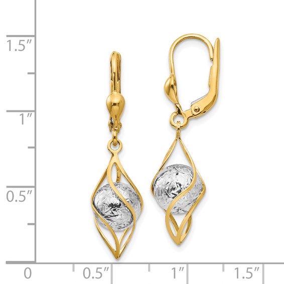 14K Two-tone Polished Diamond-cut Bead and Twist Dangle Leverback Earrings