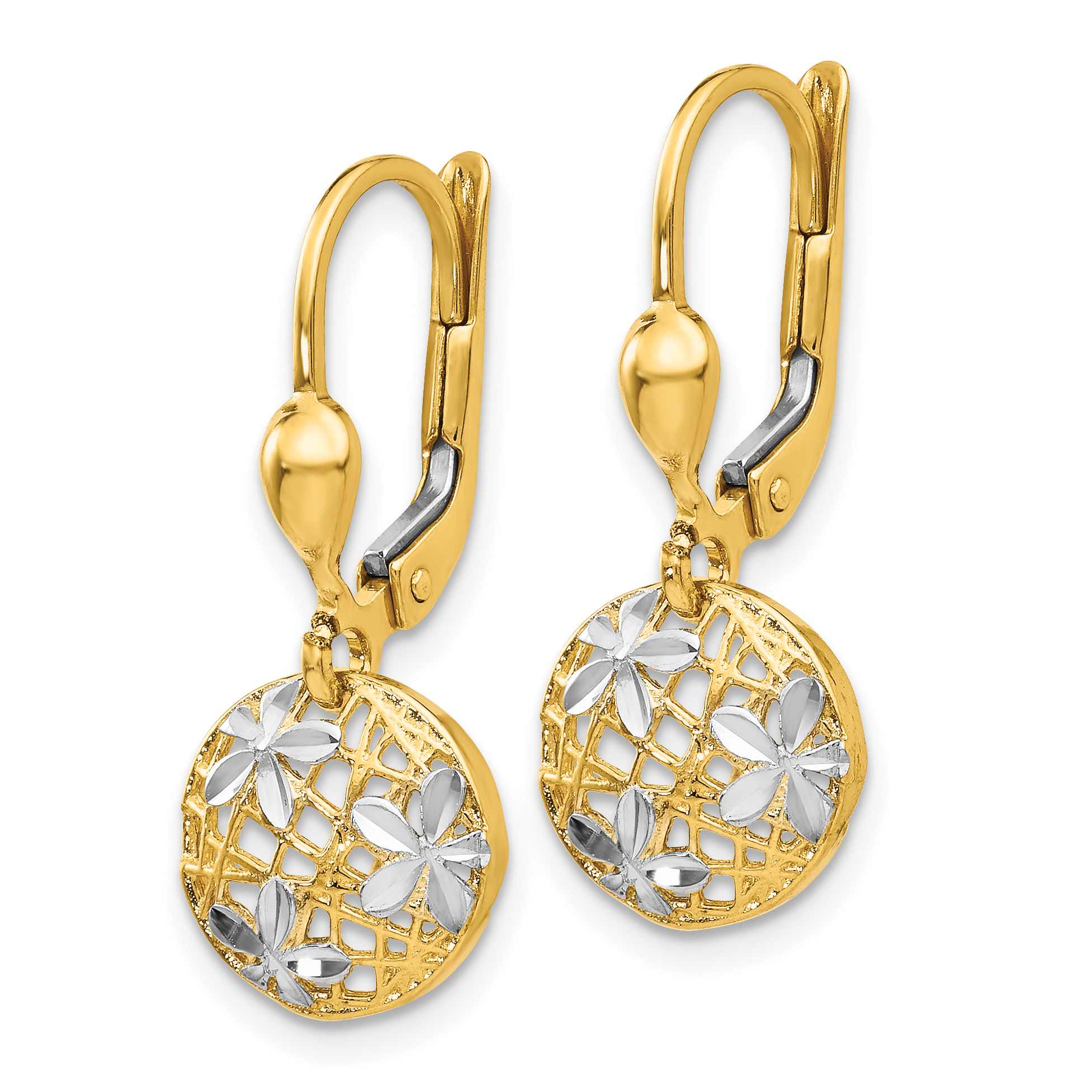 14K and Rhodium Polished Diamond-cut Dangle Leverback Earrings TH910 - Picture 2 of 4