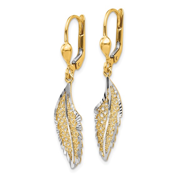 14K and White Rhodium Polished and Textured Filigree Leaf Dangle Leverback Earrings