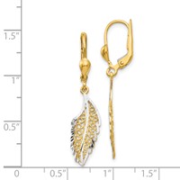 14K and White Rhodium Polished and Textured Filigree Leaf Dangle Leverback Earrings view 4