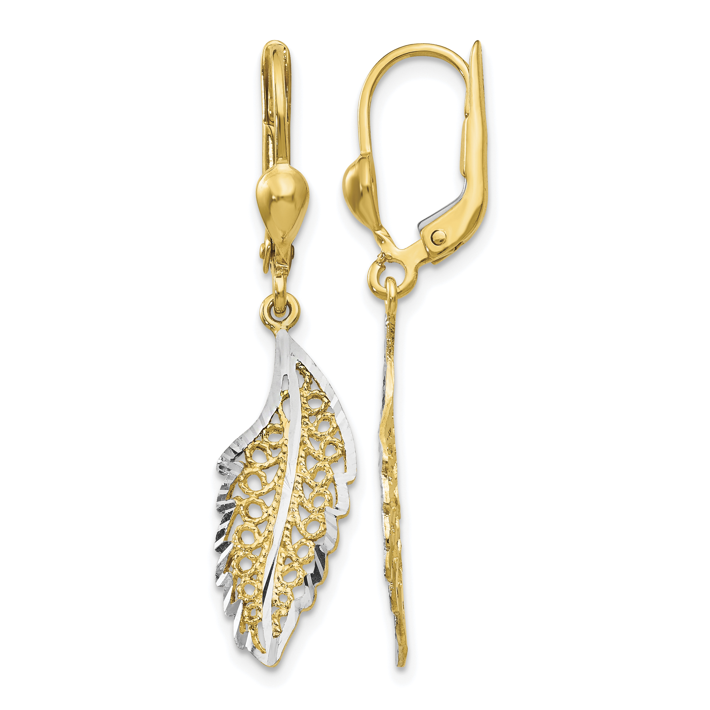 14K and Rhodium Polished and Textured Leaf Leverback Earrings (TH915)