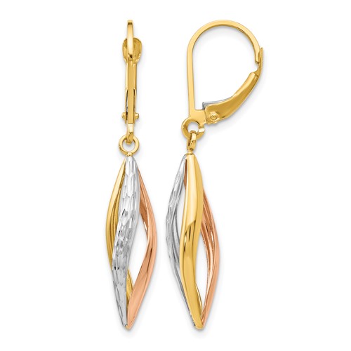 14K Two-tone Earrings with White Rhodium Diamond-cut Twist Dangle Leverback