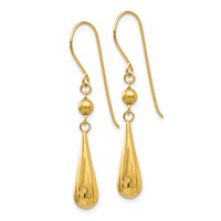 14K Yellow Gold Grooved Puffed Teardrop Dangle French Hook Earrings view 2