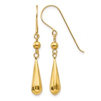 14K Yellow Gold Grooved Puffed Teardrop Dangle French Hook Earrings view 1