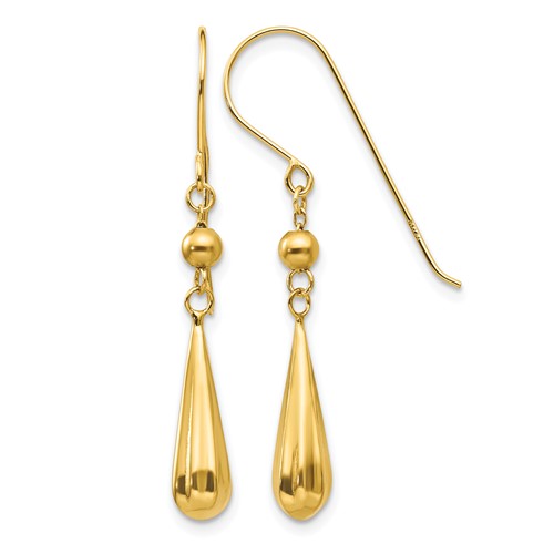 14K Yellow Gold Grooved Puffed Teardrop Dangle French Hook Earrings