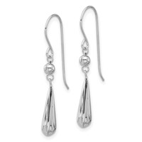 14K White Gold Grooved Puffed Teardrop Dangle French Hook Earrings view 2