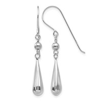 14K White Gold Grooved Puffed Teardrop Dangle French Hook Earrings view 1
