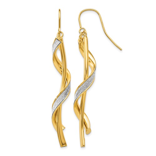 14K Yellow Gold Polished Glitter-Infused Spiral Dangle French Hook Earrings