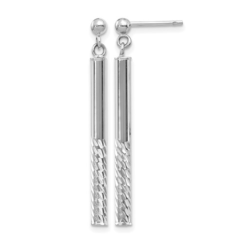 14K White Gold Polished and Diamond-cut Bar Dangle Post Earrings