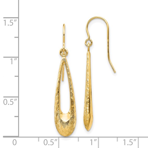 14k Polished and Textured Teardrop Dangle French Hook Earrings