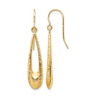14K Yellow Gold Polished and Textured Teardrop Dangle French Hook Earrings view 1