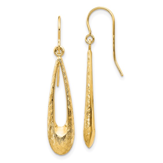 14k Polished and Textured Teardrop Dangle French Hook Earrings