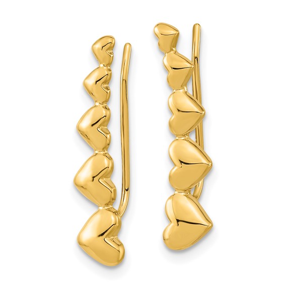 14k Graduated Hearts Polished Ear Climber Earrings