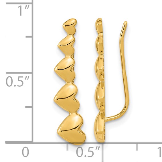 14k Graduated Hearts Polished Ear Climber Earrings