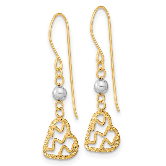 14k Two-tone Satin Diamond-cut Heart Dangle French Hook Earrings