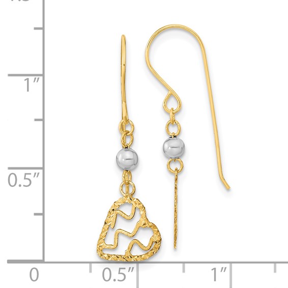 14k Two-tone Satin Diamond-cut Heart Dangle French Hook Earrings