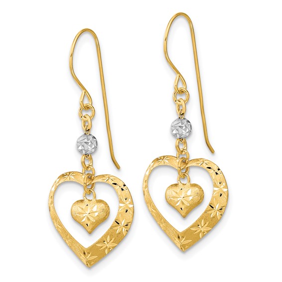 14k Two-tone Satin Diamond-cut Heart Dangle French Hook Earrings