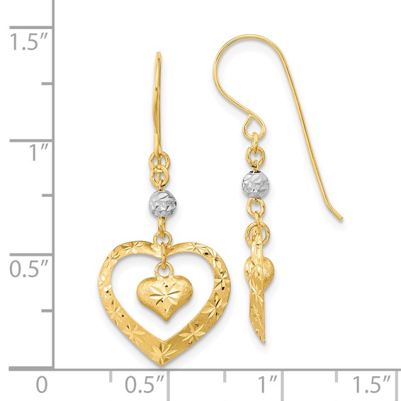14k Two-tone Satin Diamond-cut Heart Dangle French Hook Earrings