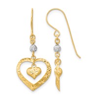 14K Two-tone Satin Diamond-cut Heart Dangle French Hook Earrings view 1
