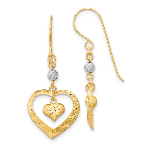 14k Two-tone Satin Diamond-cut Heart Dangle French Hook Earrings