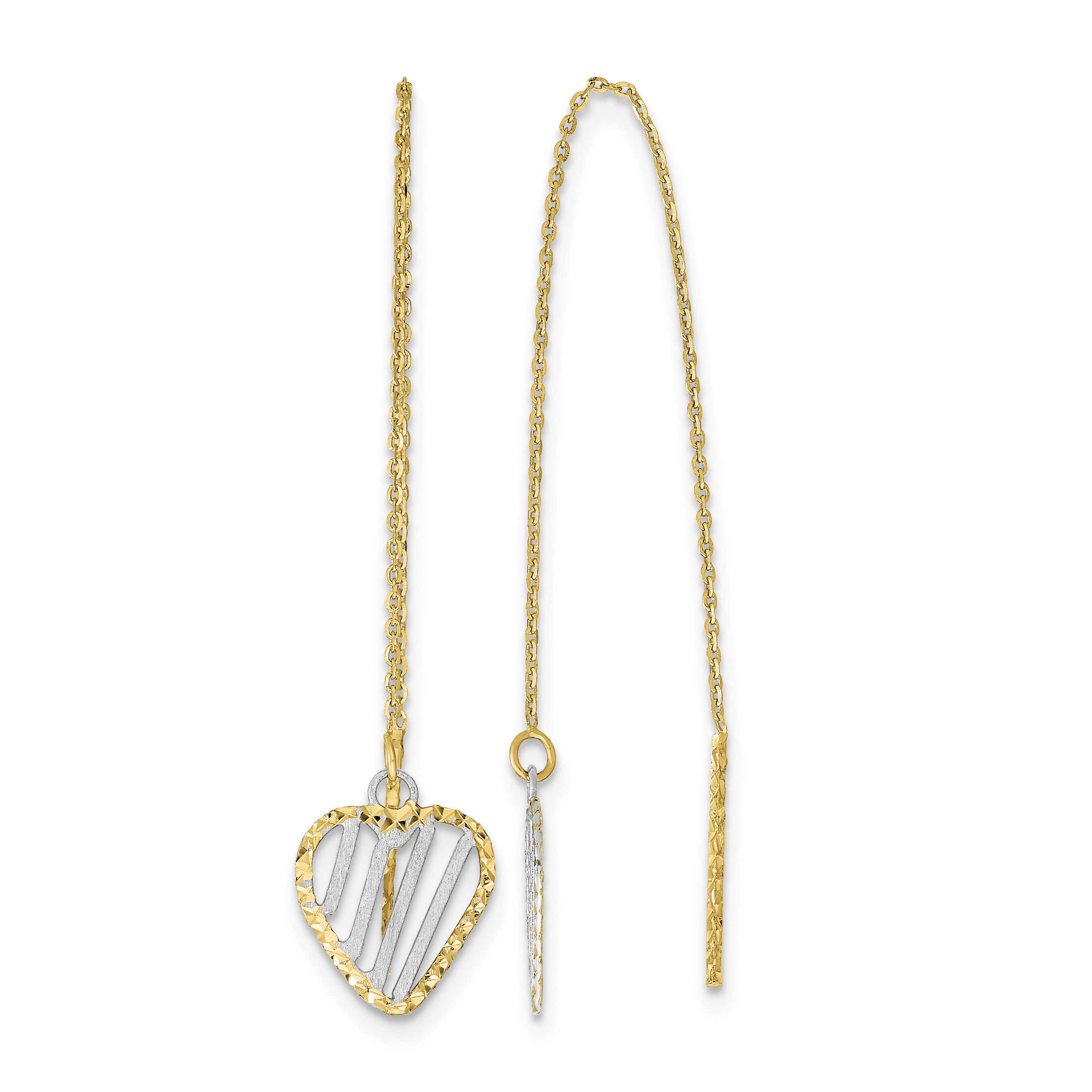 14k & Rhodium Polished Satin and D/C Heart Threader Earrings (TH976)