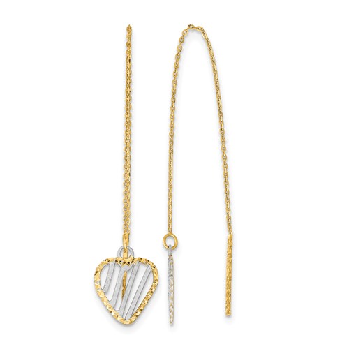 14K and White Rhodium Polished Satin Diamond-cut Heart Threader Earrings