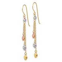 14K Tri-color Diamond-cut Triple Heart and Chain Dangle French Hook Earrings view 2