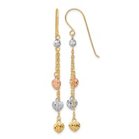 14K Tri-color Diamond-cut Triple Heart and Chain Dangle French Hook Earrings view 1