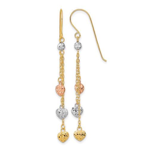 14K Tri-color Diamond-cut Triple Heart and Chain Dangle French Hook Earrings