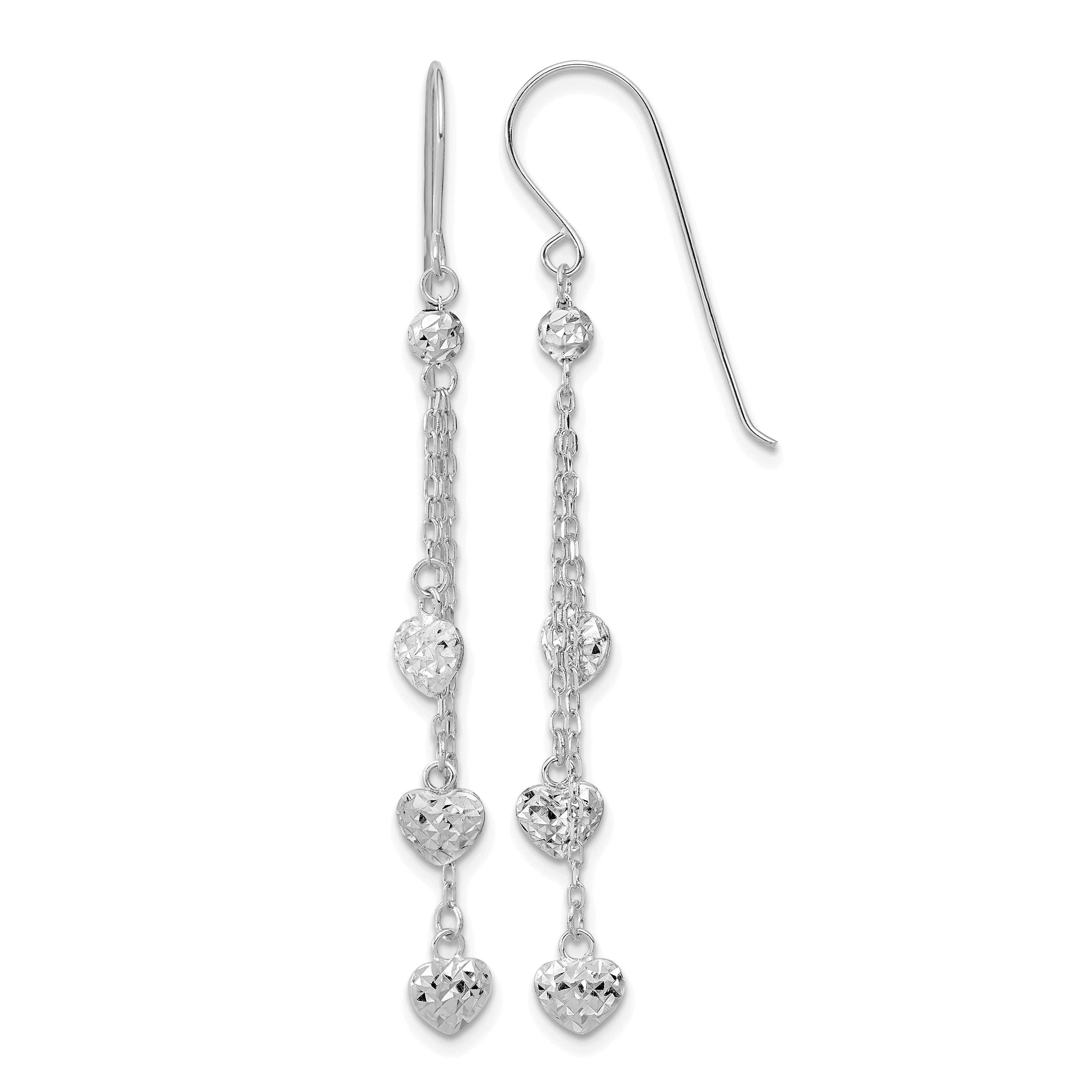 14k White Gold D/C Triple Heart Dangle Shepherd Hook Earrings (TH979W)