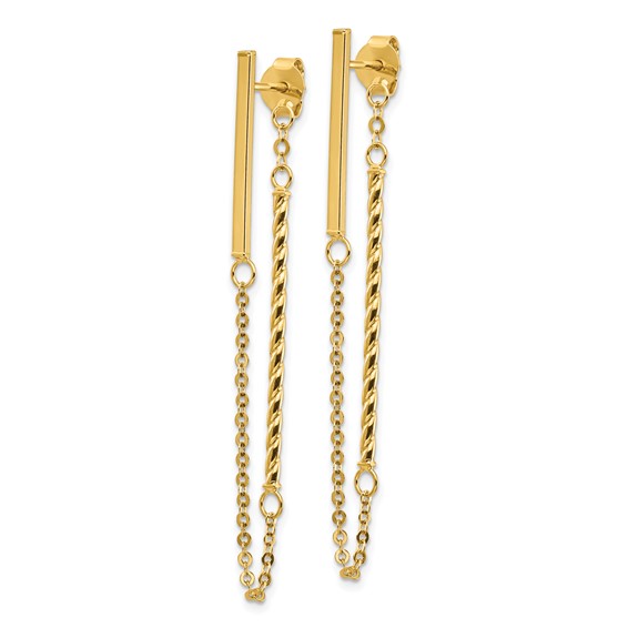 14k Polished and Twisted Bars with Chain Front and Back Post Earrings